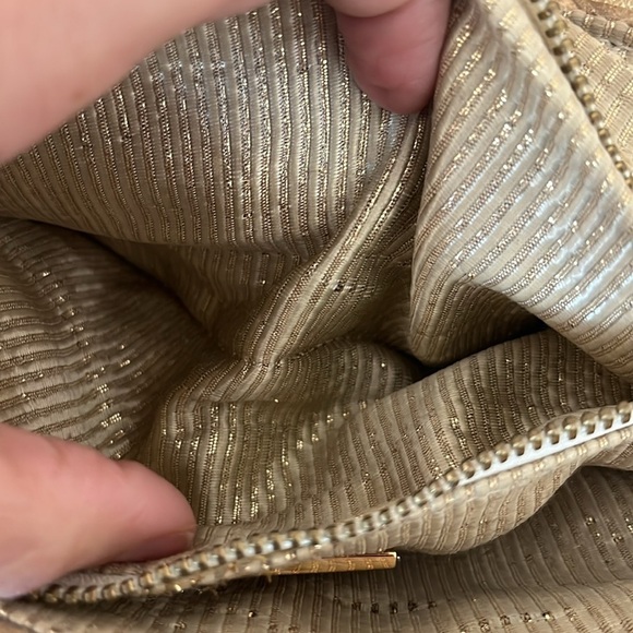 LAUREN MERKIN gold embossed python clutch